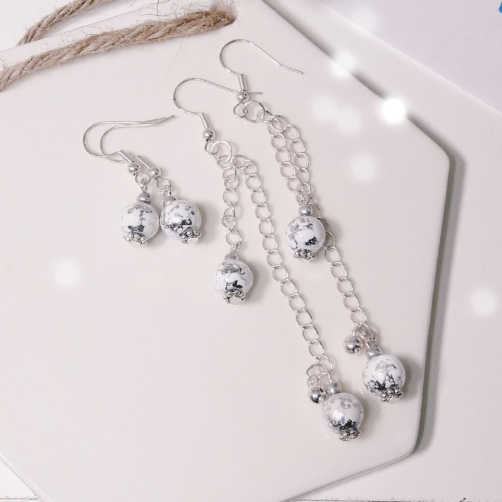 Boho Earrings #02L White metallic silver splash beads silver chain long dangles